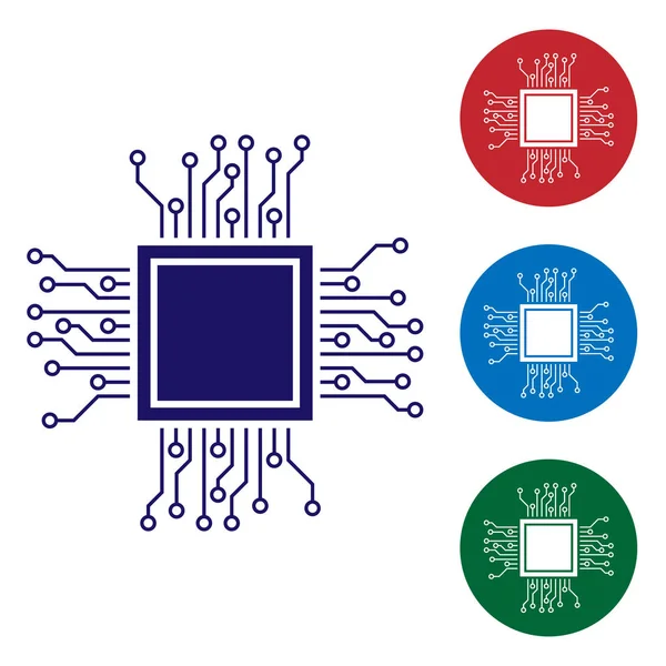 Ícone do processador azul isolado no fundo branco. CPU, unidade de processamento central, microchip, microcircuito, processador de computador, chip. Definir ícone de cor em botões de círculo. Ilustração vetorial — Vetor de Stock