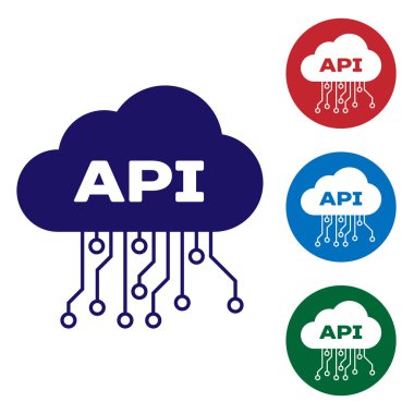 Mavi bulut API arabirimi simgesi beyaz arka planda yalıtılmış. Uygulama programlama arayüzü api teknolojisi. Yazılım entegrasyonu. Daire düğmelerinde renk simgesini ayarlayın. Vektör Illustration