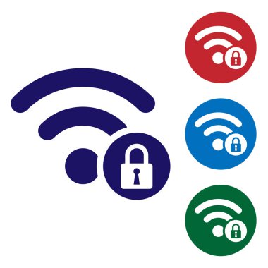 Mavi WiFi kilitli işareti simgesi beyaz arka planda yalıtılmış. Parola Wi-Fi sembolü. Kablosuz ağ simgesi. WiFi bölgesi. Daire düğmelerinde renk simgesini ayarlayın. Vektör Illustration