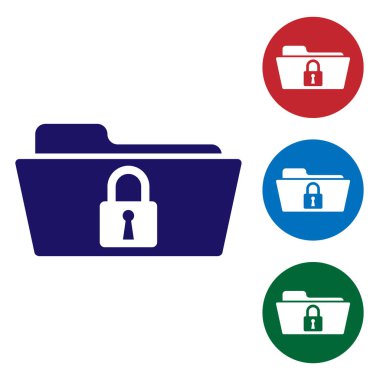 Mavi klasör ve kilit simgesi beyaz arka planda yalıtılmış. Kapalı klasör ve asma kilit. Güvenlik, emniyet, koruma konsepti. Daire düğmelerinde renk simgesini ayarlayın. Vektör Illustration