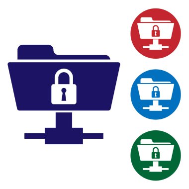 Mavi FTP klasörü ve beyaz arka planda kilit simgesi. Yazılım Güncelleme kavramı, FTP Aktarım Protokolü. Güvenlik, emniyet, koruma konsepti. Daire düğmelerinde renk simgesini ayarlayın. Vektör Illustration