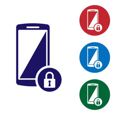 Beyaz arka planda izole kapalı asma kilit simgesi ile mavi smartphone. Kilidi olan telefon. Mobil güvenlik, güvenlik, koruma konsepti. Daire düğmelerinde renk simgesini ayarlayın. Vektör Illustration