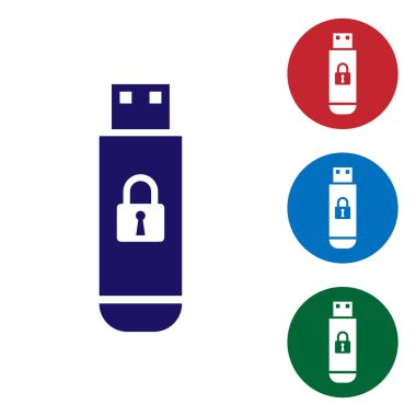 Beyaz arka planda yalıtılmış kapalı asma kilit simgesi ile mavi USB flash sürücü. Güvenlik, emniyet, koruma konsepti. Daire düğmelerinde renk simgesini ayarlayın. Vektör Illustration