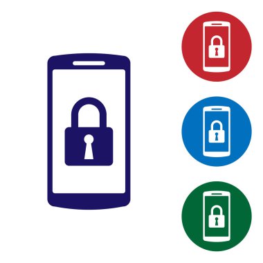 Beyaz arka planda izole kapalı asma kilit simgesi ile mavi smartphone. Kilidi olan telefon. Mobil güvenlik, güvenlik, koruma konsepti. Daire düğmelerinde renk simgesini ayarlayın. Vektör Illustration