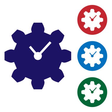 Mavi zaman yönetimi simgesi beyaz arka planda yalıtılmış. Saat ve vites işareti. Verimlilik sembolü. Daire düğmelerinde renk simgesini ayarlayın. Vektör Illustration