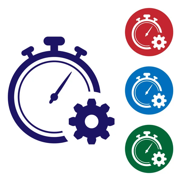Значок Blue Time Management выделен на белом фоне. Вывеска с часами и передачами. Символ продуктивности. Установите значок цвета в пуговицах круга. Векторная миграция — стоковый вектор