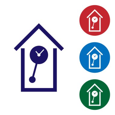 Mavi Retro duvar izle simgesi beyaz arka planda izole. Cuckoo saat işareti. Antika sarkaçlı saat. Daire düğmelerinde renk simgesini ayarlayın. Vektör Illustration