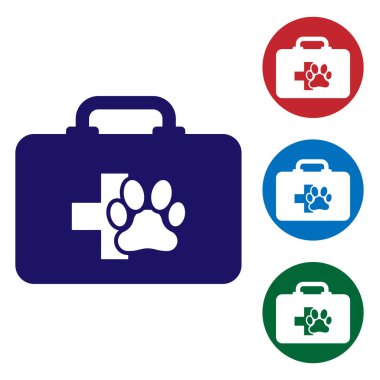 Mavi Pet ilk yardım kiti simgesi beyaz arka planda izole. Köpek veya kedi pençe baskı. Klinik kutusu. Daire düğmelerinde renk simgesini ayarlayın. Vektör Illustration