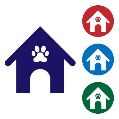 Mavi köpek ev ve Paw baskı Pet simgesi beyaz arka planda izole. Köpek kulübesi. Daire düğmelerinde renk simgesini ayarlayın. Vektör Illustration