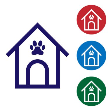 Mavi köpek ev ve Paw baskı Pet simgesi beyaz arka planda izole. Köpek kulübesi. Daire düğmelerinde renk simgesini ayarlayın. Vektör Illustration