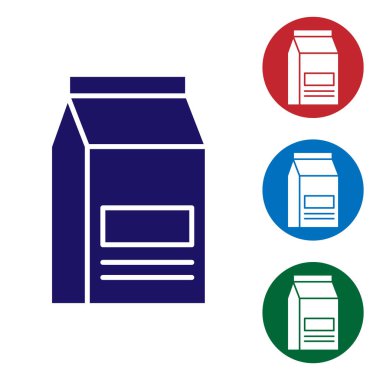 Mavi çanta gıda simgesi beyaz arka planda izole. Hayvanlar için yiyecek. PET gıda paketi. Daire düğmelerinde renk simgesini ayarlayın. Vektör Illustration