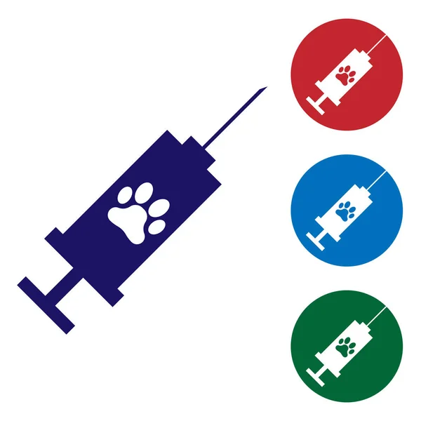 蓝色注射器与宠物疫苗图标查出在白色背景。狗或猫爪子打印。在圆形按钮中设置颜色图标。矢量插图 — 图库矢量图片