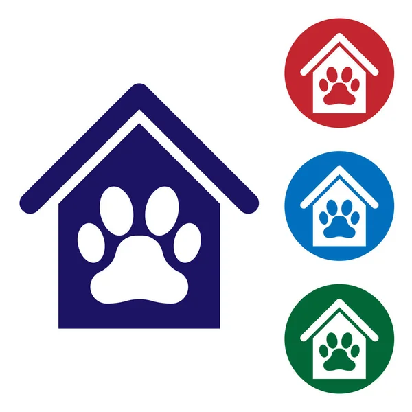 Блакитний будинок собаку і лапи друк ПЕТ ікона ізольована на білому тлі. Собачому розпліднику. Встановіть значок "Колір" у кнопки "коло". Векторна ілюстрація — стоковий вектор