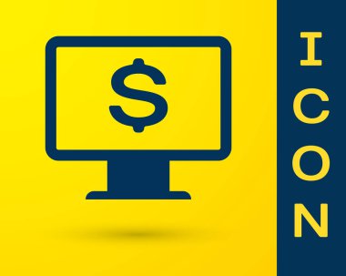 Mavi bilgisayar monitör dolar simgesi sarı arka planda izole. Internet mali güvenlik kavramı, online finans koruma. Vektör Illustration