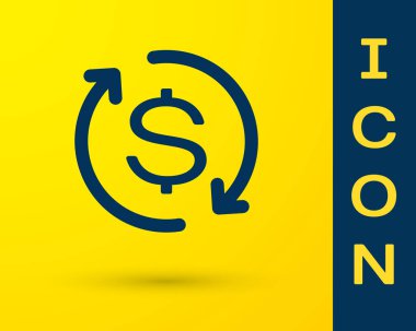 Sarı arka planda yalıtılmış yatırım simgesinin Mavi Getirisi. Para dönüştürme simgesi. İade işareti. Dolar dönüştürücü kavramı. Vektör İllüstrasyonu