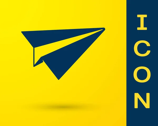 Icono plano de papel azul aislado sobre fondo amarillo. Icono de avión de papel. Signo de avión. Ilustración vectorial — Archivo Imágenes Vectoriales