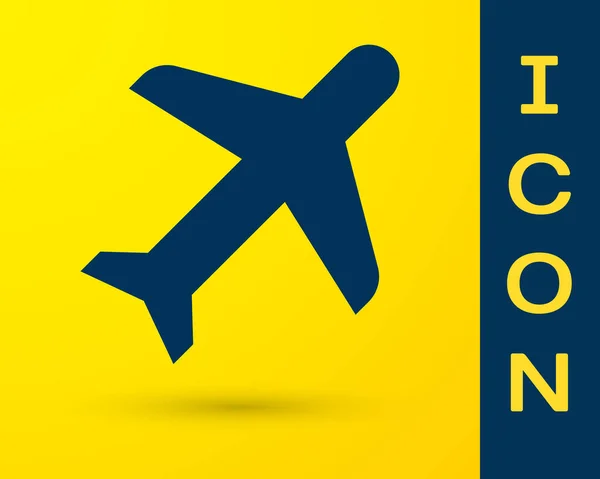 Ícone Blue Plane isolado no fundo amarelo. Ícone de avião voador. Sinal de avião. Ilustração vetorial —  Vetores de Stock