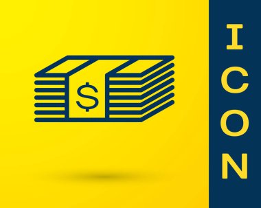Mavi kağıt para Amerikan doları nakit simgesi sarı arka planda izole. Para banknotlarının dolar simgesi ile yığını. Fatura para birimi. Vektör Illustration