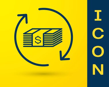 Mavi Iade para simgesi sarı arka planda izole. Finansal hizmetler, nakit geri kavramı, para iadesi, yatırım getirisi, tasarruf hesabı. Vektör Illustration