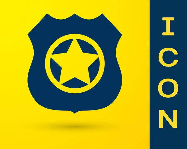 Ícone de crachá azul da polícia isolado no fundo amarelo. Assinatura do distintivo do xerife. Ilustração vetorial —  Vetores de Stock