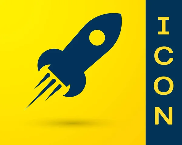 Blue Rocket ship with fire icon isolated on yellow background. Space travel. Vector Illustration