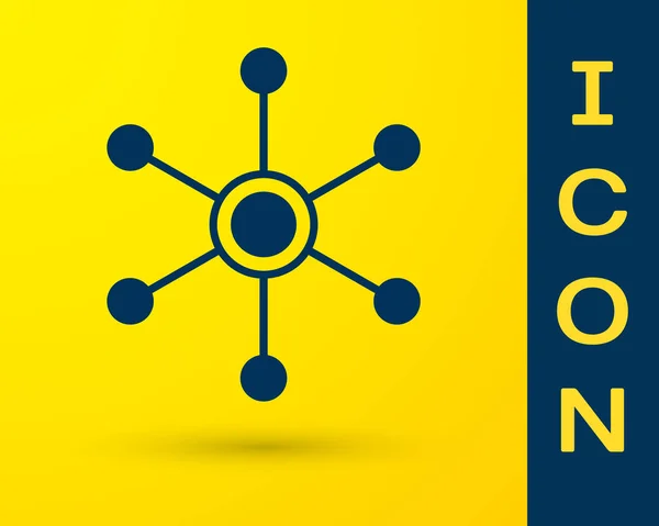 노란색 배경에 격리된 파란색 네트워크 아이콘입니다. 글로벌 네트워크 연결. 글로벌 기술 또는 소셜 네트워크. 점과 선을 연결합니다. 벡터 일러스트레이션 — 스톡 벡터