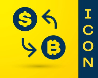 Mavi Cryptocurrency döviz simgesi sarı arka planda yalıtılmış. Bitcoin'den dolar bozdurma simgesine. Kripto para teknolojisi, mobil bankacılık. Vektör İllüstrasyonu
