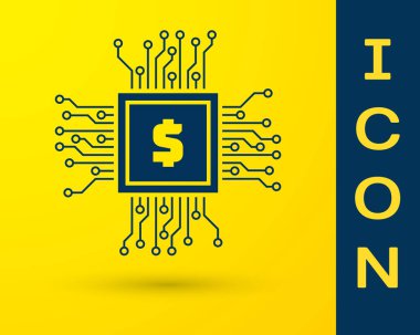Sarı arka planda izole edilmiş dolar simgesine sahip Mavi İşlemci yongası. İşlemci, merkezi işlem birimi, mikroçip, mikrodevre, bilgisayar işlemcisi, çip. Vektör İllüstrasyonu
