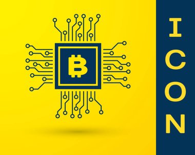Mavi Cpu madenciliği çiftlik simgesi sarı arka planda yalıtılmış. Bitcoin işlemci içinde işareti. Kripto para madenciliği topluluğu. Dijital para. Vektör İllüstrasyonu