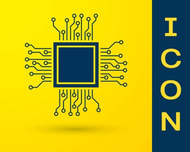 Mavi İşlemci simgesi sarı arka planda yalıtılmış. İşlemci, merkezi işlem birimi, mikroçip, mikrodevre, bilgisayar işlemcisi, çip. Vektör İllüstrasyonu