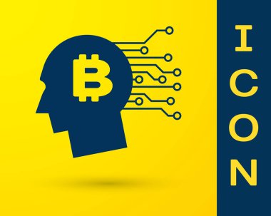 Mavi Bitcoin simgesi sarı arka planda izole düşünüyorum. Kripto para birimi başkanı. Blockchain teknolojisi, bitcoin, dijital para piyasası, kripto para cüzdanı. Vektör İllüstrasyonu