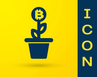 Sarı arka planda izole pot simgesinde mavi Bitcoin tesisi. İş yatırımı büyüme kavramı. Blockchain teknolojisi, kripto para madenciliği. Vektör Illustration