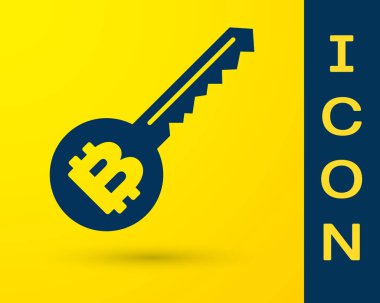 Mavi cryptocurrency anahtar simgesi sarı arka planda izole. Siber güvenlik veya özel anahtar kavramı, teknoloji arayüzü ile dijital anahtar. Vektör Illustration