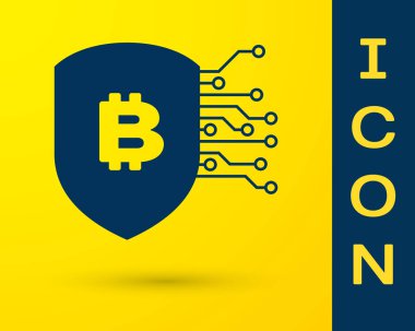 Mavi Shield ile Bitcoin simgesi sarı arka planda izole. Cryptocurrency madenciliği, Blockchain teknolojisi, Bitcoin, güvenlik, koruma, dijital para. Vektör Illustration