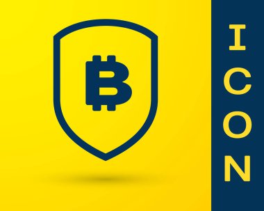 Mavi Shield ile Bitcoin simgesi sarı arka planda izole. Cryptocurrency madenciliği, Blockchain teknolojisi, Bitcoin, güvenlik, koruma, dijital para. Vektör Illustration