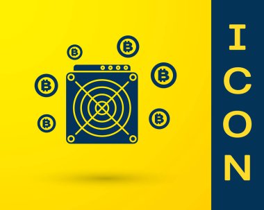Mavi asik madenci simgesi sarı arka planda izole. Cryptocurrency madencilik ekipman ve donanım. Uygulamaya özel entegre devre. Vektör Illustration