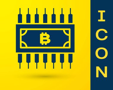 Mavi cryptocurrency kavramı sarı arka planda izole mikroçip devre simgesi ile daire Bitcoin. Blockchain teknolojisi, dijital para piyasası. Vektör Illustration