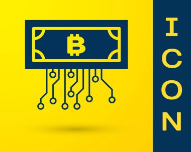 Mavi cryptocurrency kavramı sarı arka planda izole mikroçip devre simgesi ile daire Bitcoin. Blockchain teknolojisi, dijital para piyasası. Vektör Illustration