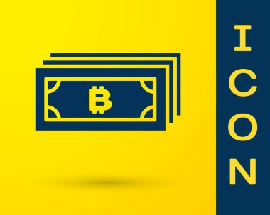Mavi cryptocurrency kavramı sarı arka planda izole mikroçip devre simgesi ile daire Bitcoin. Blockchain teknolojisi, dijital para piyasası. Vektör Illustration