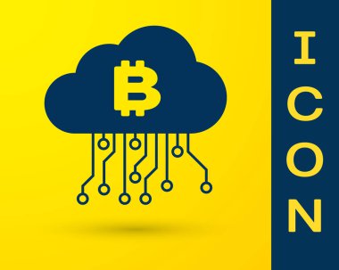 Mavi cryptocurrency bulut madenciliği simgesi sarı arka planda izole. Blockchain teknolojisi, Bitcoin, dijital para piyasası, kripoin cüzdanı. Vektör Illustration