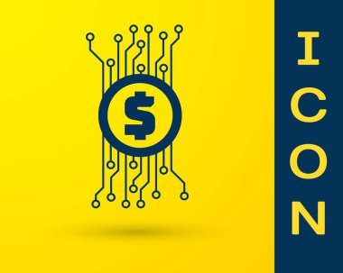 Mavi cryptocurrency kavramı sarı arka planda izole mikroçip devre simgesi ile daire Bitcoin. Blockchain teknolojisi, dijital para piyasası. Vektör Illustration
