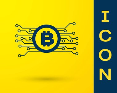Mavi cryptocurrency kavramı sarı arka planda izole mikroçip devre simgesi ile daire Bitcoin. Blockchain teknolojisi, dijital para piyasası. Vektör Illustration