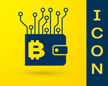 Mavi cryptocurrency cüzdan simgesi sarı arka planda izole. Cüzdan ve Bitcoin işareti. Madencilik konsepti. Para, ödeme, nakit, ödeme simgesi. Vektör Illustration