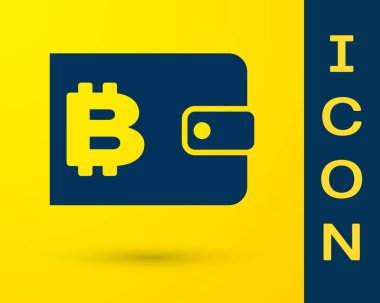 Mavi cryptocurrency cüzdan simgesi sarı arka planda izole. Cüzdan ve Bitcoin işareti. Madencilik konsepti. Para, ödeme, nakit, ödeme simgesi. Vektör Illustration