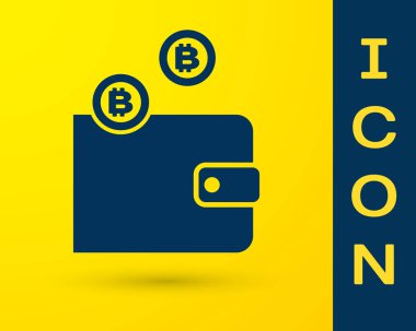 Mavi cryptocurrency cüzdan simgesi sarı arka planda izole. Cüzdan ve Bitcoin işareti. Madencilik konsepti. Para, ödeme, nakit, ödeme simgesi. Vektör Illustration
