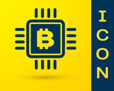 Mavi CPU madenciliği çiftlik simgesi sarı arka planda yalıtılmış. Microchip içinde Bitcoin işareti. Cryptocurrency madencilik topluluğu. Dijital para. Vektör Illustration
