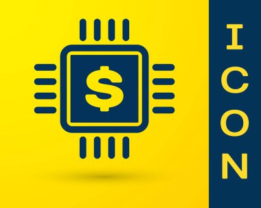 Mavi Işlemci çip dolar simgesi sarı arka planda izole. CPU ve bir dolar işareti. Vektör Illustration