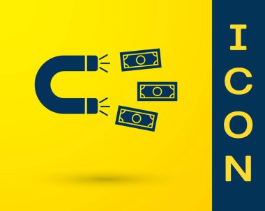 Mavi mıknatıs ile para simgesi sarı arka planda izole. Yatırımlar, para çekme kavramı. Büyük iş kâr cazibe ve başarı. Vektör Illustration