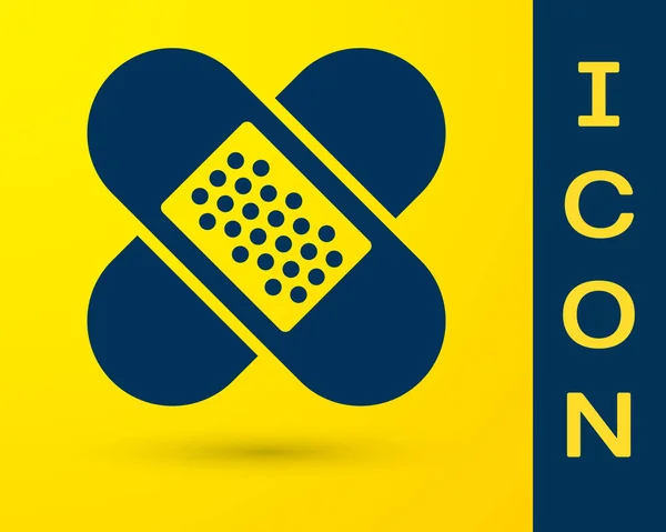 Blue Crossed icona in gesso bendaggio isolato su sfondo giallo. Intonaco medico, benda adesiva, benda flessibile in tessuto. Illustrazione vettoriale — Vettoriale Stock