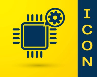 Mavi Işlemci ve dişli simgesi sarı arka planda izole. CPU, çip servis kavramı. Uygulama ayarlama, seçenekleri ayarlama, bakım, onarım, sabitleme. Vektör Illustration